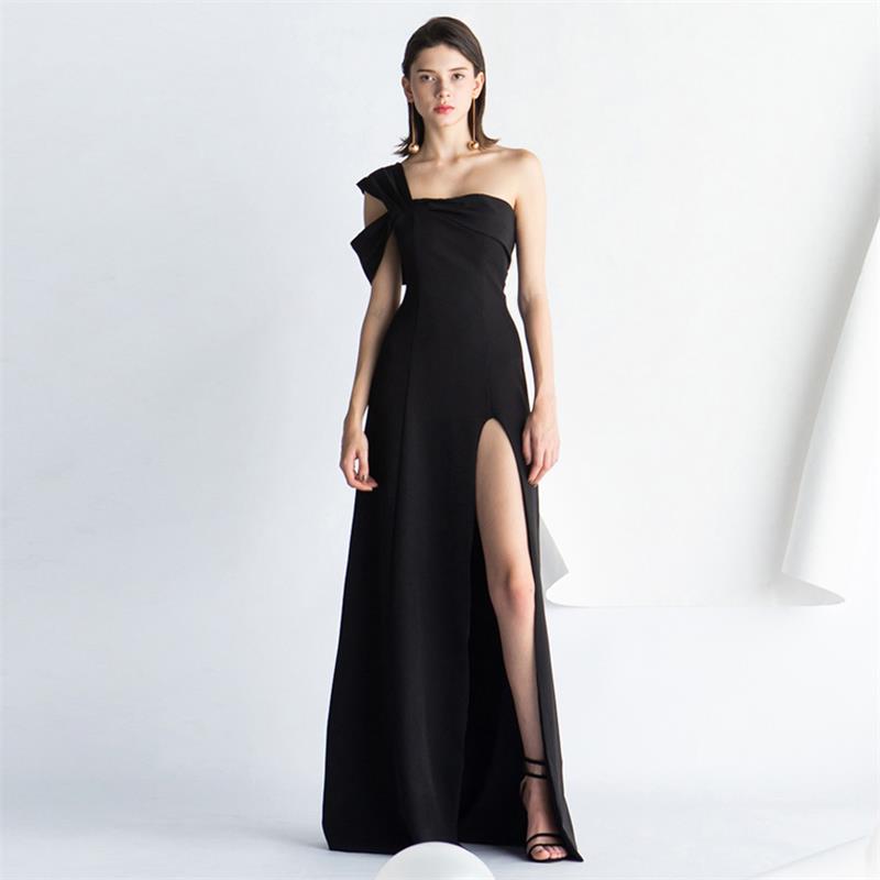 Black One-Shoulder Bow Slit Long Evening Dress (5)