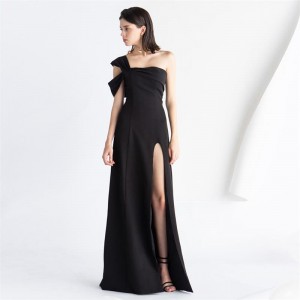 Black One-Shoulder Bow Slit Long Evening Dress