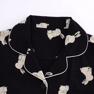 Black Rabbit Print Cotton Loungewear Pajamas Set