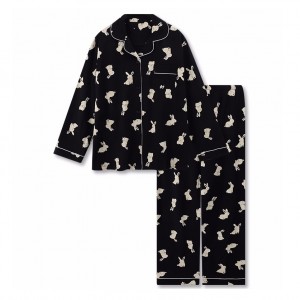 Black Rabbit Print Cotton Loungewear Pajamas Set