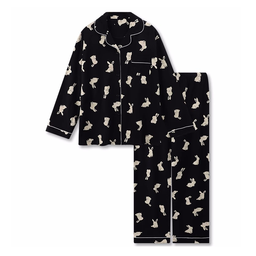 Black Rabbit Print Cotton Loungewear Pajamas Set (5)