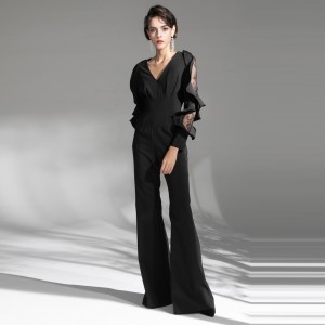 Black Ruffle Lace Deep V Elegant Jumpsuit