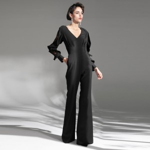 Black Ruffle Lace Deep V Eleganter Jumpsuit