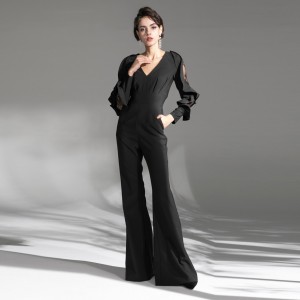 Black Ruffle Lace Deep V Elegant Jumpsuit