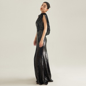 Black Sequin Party Sexy Backless Vintage Evening Dress Bride