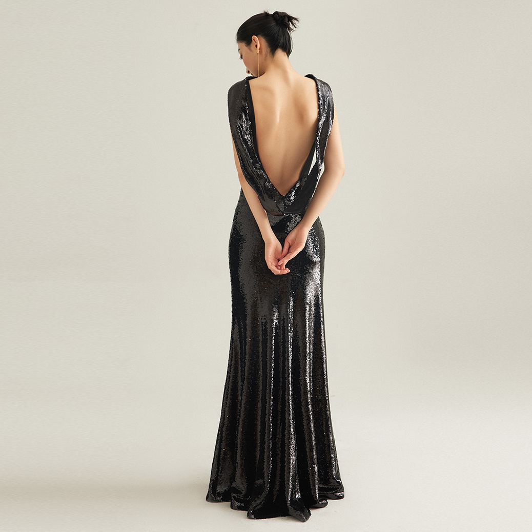 Black Sequin Party Sexy Backless Vintage Evening Dress Bride (6)