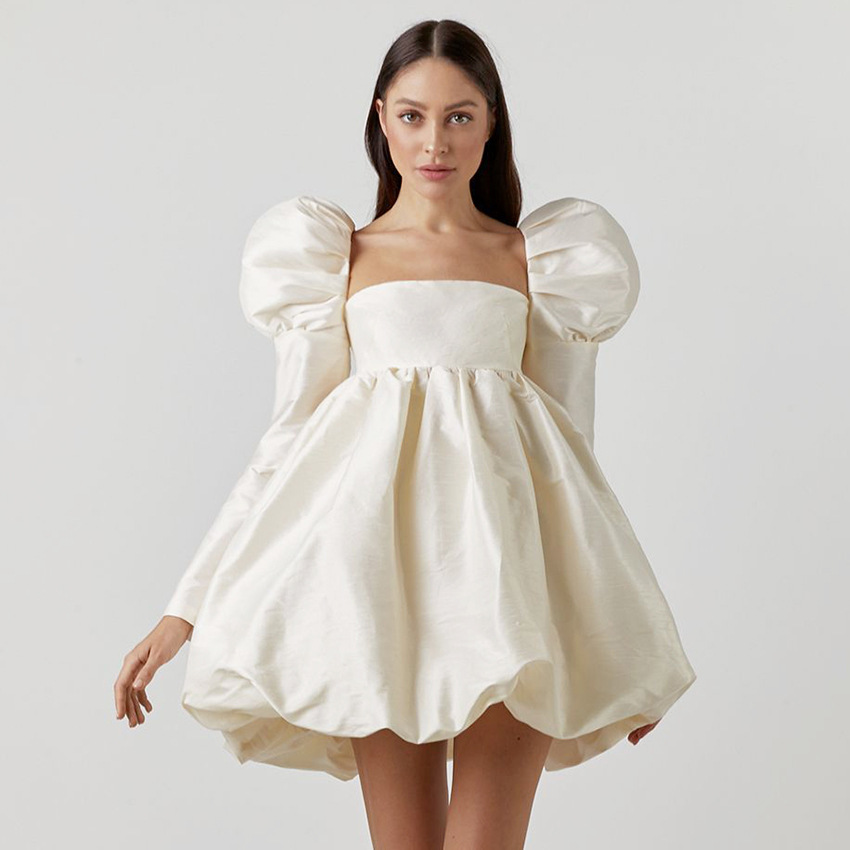 Bubble Sleeve Satin Princess Square Neck Dress (4)