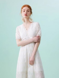 Lace Embroidered Puff Sleeves White Dress