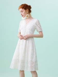 Lace Embroidered Puff Sleeves White Dress