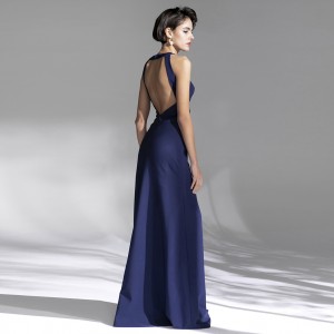 Темно-синя елегантна тонка сексуальна довга вечірня сукня без спини