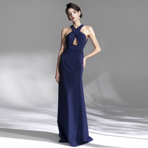 Темно-синее элегантное платье с вырезом на спине, тонкое сексуальное длинное вечернее платье с открытой спиной
