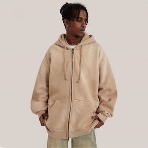 I-Khaki Gradient Color Vintage Plus Size Zipper Hoodie Sweatshirt Jacket