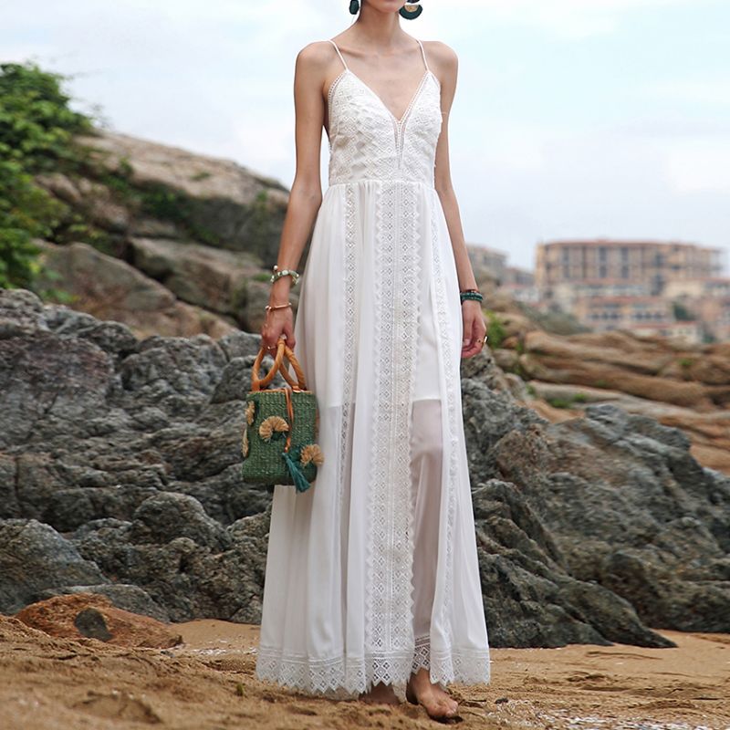 Niestandardowa francuska bawełniana sukienka na wakacje na ramiączkach nad morzem