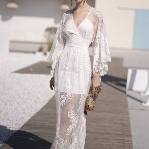 Váy ren thêu bãi biển gợi cảm kiểu Pháp màu trắng