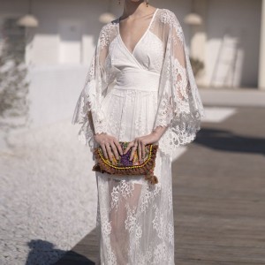 Witte Franse sexy strand geborduurde kanten jurk