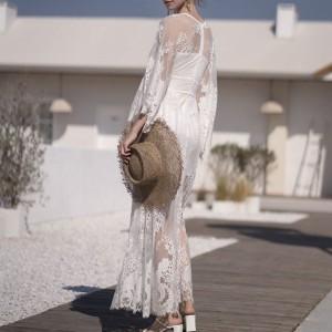 Біла французька сексуальна пляжна мереживна сукня з вишивкою