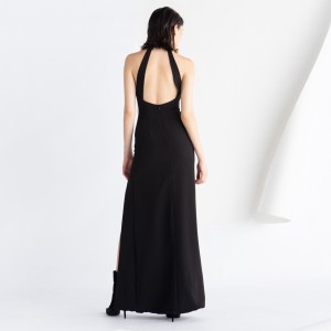 Атласное шифоновое черное длинное вечернее платье с висячим воротником элегантное