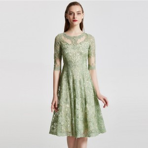 Πράσινο Κεντημένο Ψηλόμεσο Midi Κομψό βραδινό φόρεμα