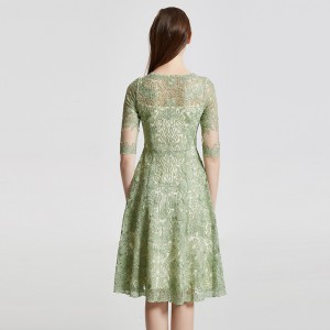 Green Embroidered High Waist Midi Elegant Evening Dress