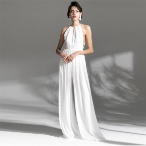 White Elegant Deep V Sexy Evening Dress Jumpsuit