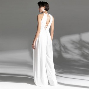 Putih Elegan Deep V Sexy Evening Dress Jumpsuit