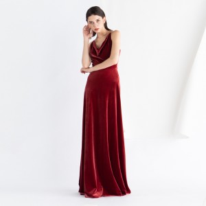 Elegantiška vintažinė aksominė vakarėlio raudona ilga vakarinė suknelė