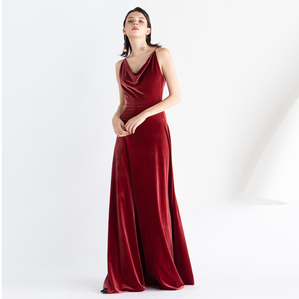 Elegant Vintage Velvet Party Red Halter Long Evening Dress (11)