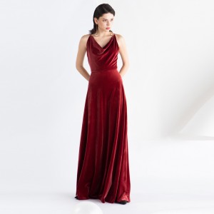 I-Elegant Vintage Velvet Party I-Red Halter Long Evening Dress
