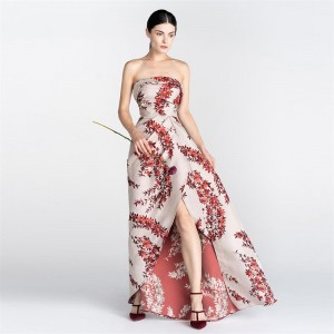 Embroidered Elegant Design Custom Printed Satin Long Gown