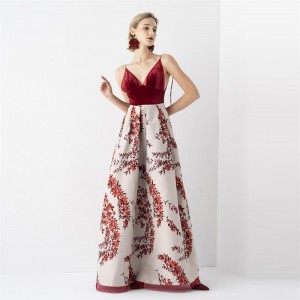 Embroidery Print Sexy Halter Elegant ສີແດງຍາວ Dress