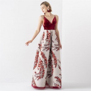Borduurprint Sexy halter elegante rode lange jurk