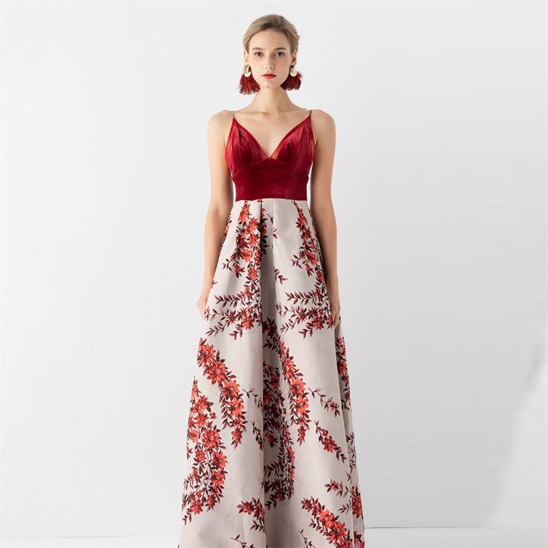 Embroidery Print Sexy Halter Elegant Red Long Dress(4)