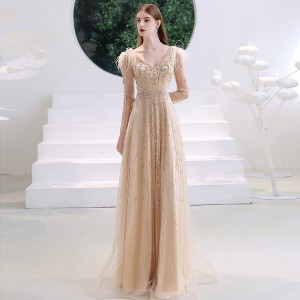 Luxury Beaded Celebrity Embroidered Champagne Long Gown