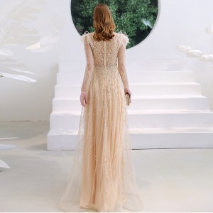 Okomoko Beaded Celebrity Embroided Champagne Long Gown