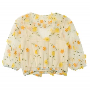 Floral Blouse Bubble Sleeve Short Camisole Top Two Piece Set