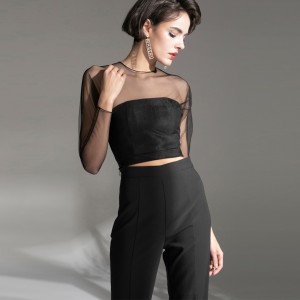 Zwarte mesh sexy tops wijd uitlopende broek tweedelige set