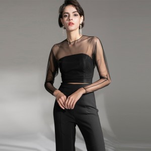Zwarte mesh sexy tops wijd uitlopende broek tweedelige set