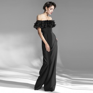 फ्रान्सेली सुरुचिपूर्ण लामो कालो जम्पसूट पोशाक