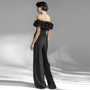 Френски елегантен дълъг черен гащеризон рокля