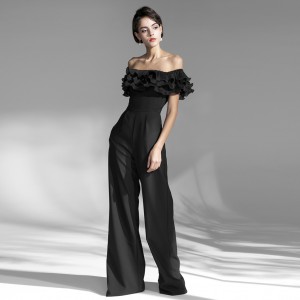 Französisches, elegantes, langes, schwarzes Jumpsuit-Kleid
