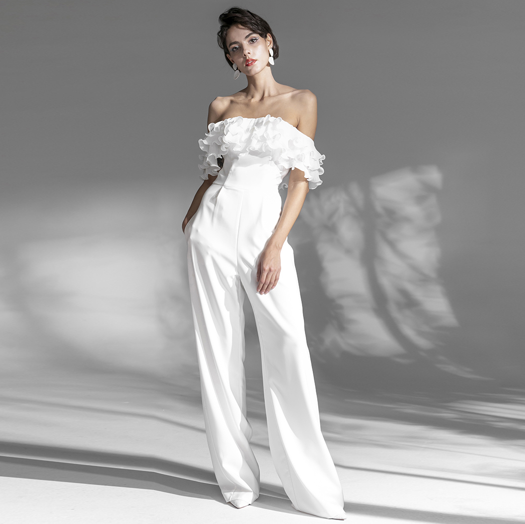Viena pleca franču eleganta gara, balta kombinezona kleita