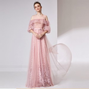 ピンク刺繍バブル スリーブ ワンショルダー ディナー ウェディング ドレス