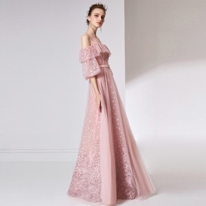 Pink Embroidered Bubble Tes Tsho Ib-Shoulder Dinner Wedding Dresses