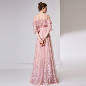 Rožinės siuvinėtos burbulinės rankovės vestuvinės suknelės su viena petimi