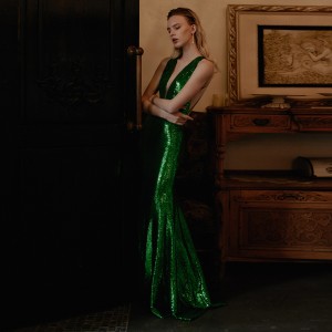 Green Sequin Luxury Party Long Evening Gown Bridal
