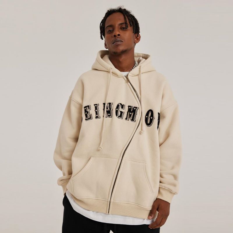 Apricot Pocket Rits Oversize Embroidered Hoodie Jacket