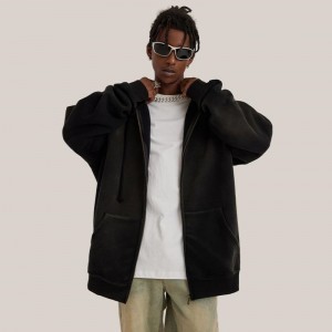 Black Plus Size Washed Zipper Sweatshirt Jacket