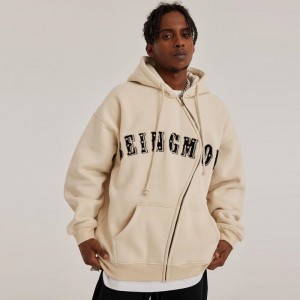 Apricot Pocket Zipper Oversize Embroidered Hoodie Jacket