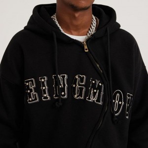Custom Black Embroidered Irregular Zipper Hoodie Jacket