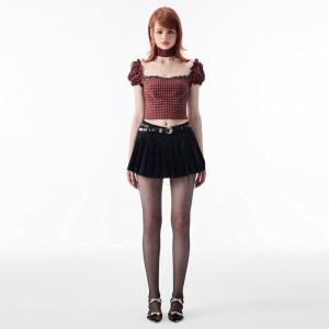 Black Plaid Mini Embroidery Pleated Skirt Short